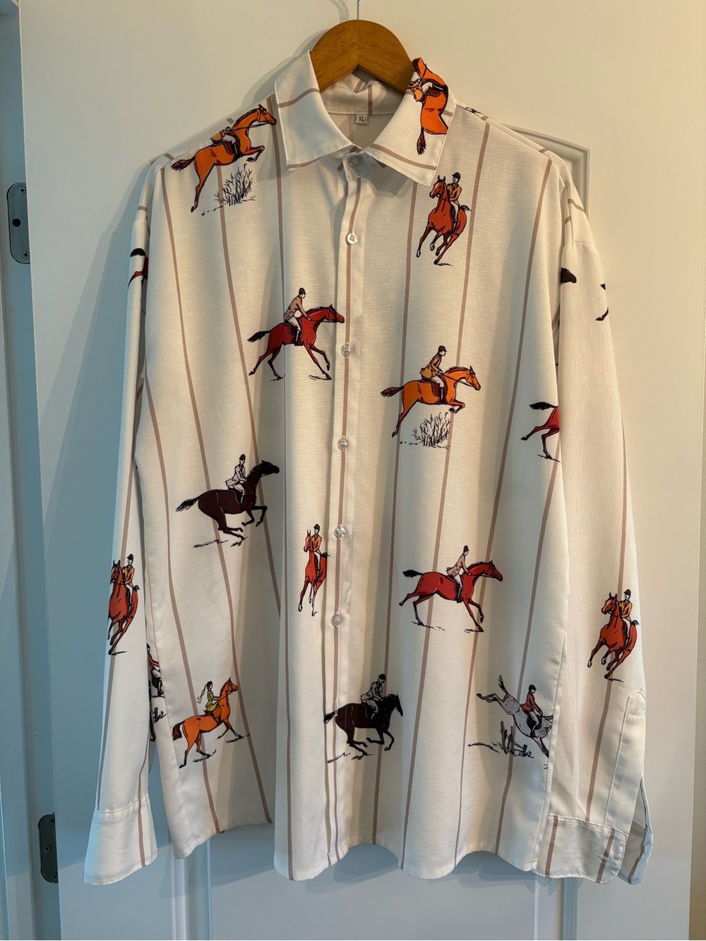 Women’s Equestrian Print Button-Up Shirt - Cream with Orange/Brown Riders